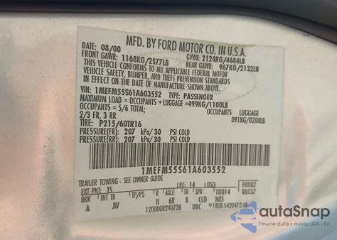 2001 Mercury Sable Ls Premium from USA, damaged, VIN 1MEFM55S61A603552